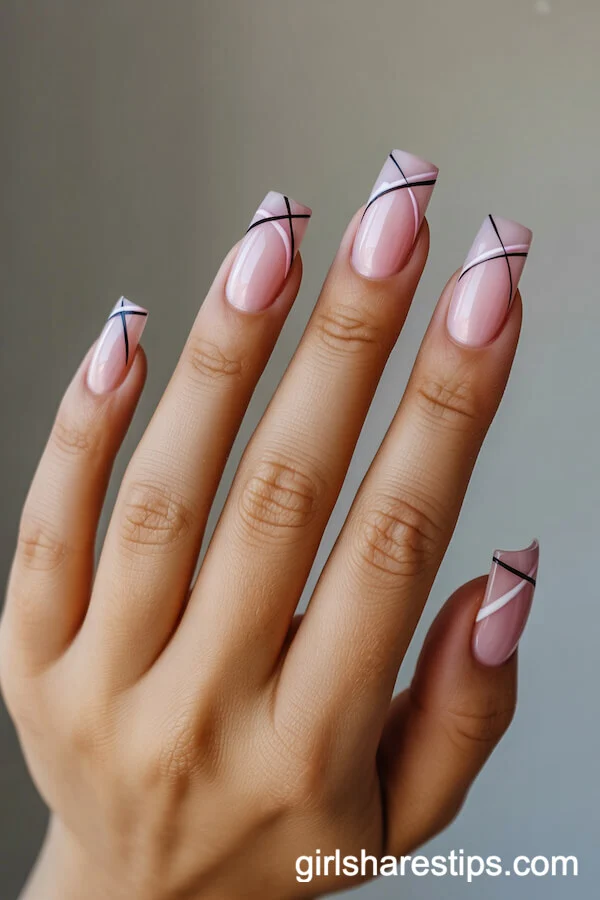 Irregular Pink French Tips with Micro Checkered Line Accents