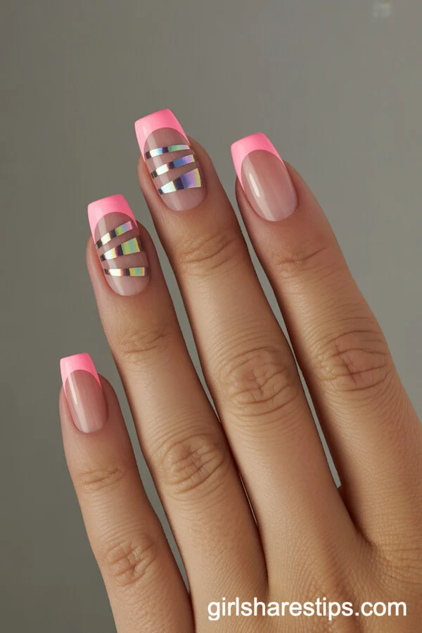 Classic Pink French Tips with Rainbow Holographic Foil Slices