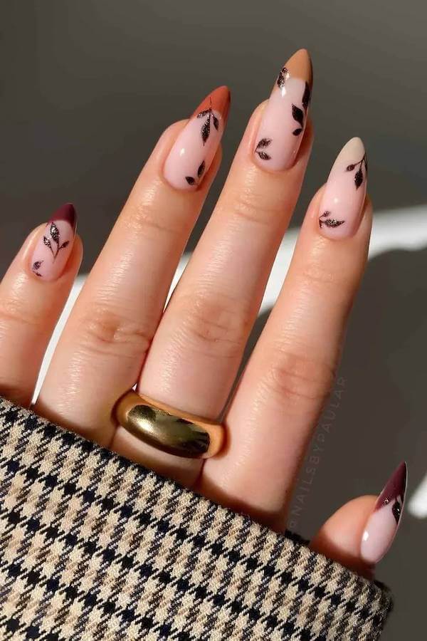 Pink and Brown Autumn Leaf Nail Art