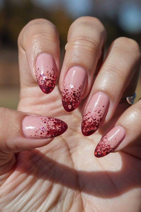 Pink Nails with Burgundy Glitter Ombre Tips