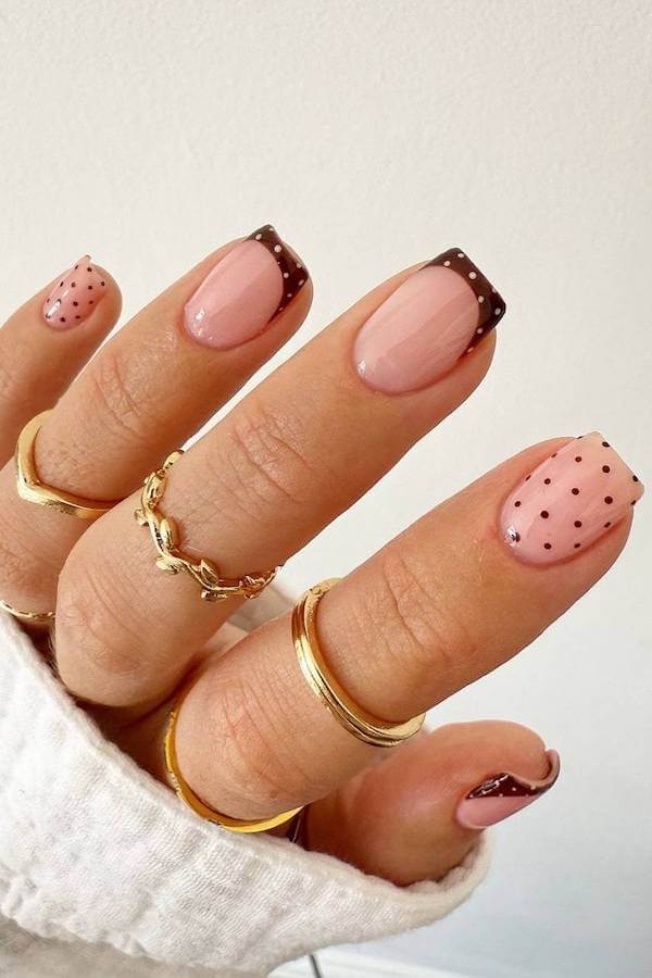 Pink French Tips with Brown Polka Dots