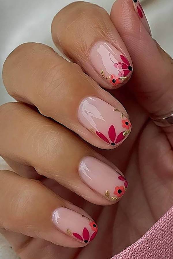 Pink Nails with Autumn Floral Accents