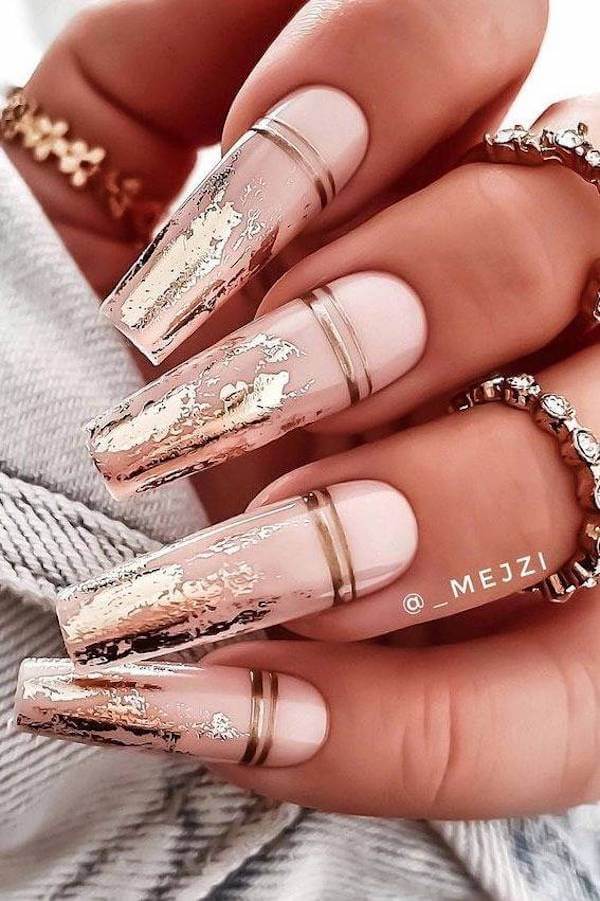 Pink Nails with Gold Foil Details