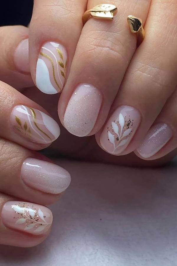 Soft Pink Nails with White and Gold Leaf Art