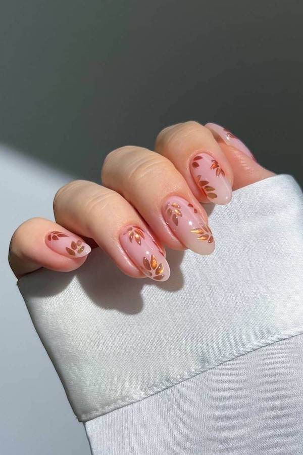 Pink Nails with Bronze Leaf Designs