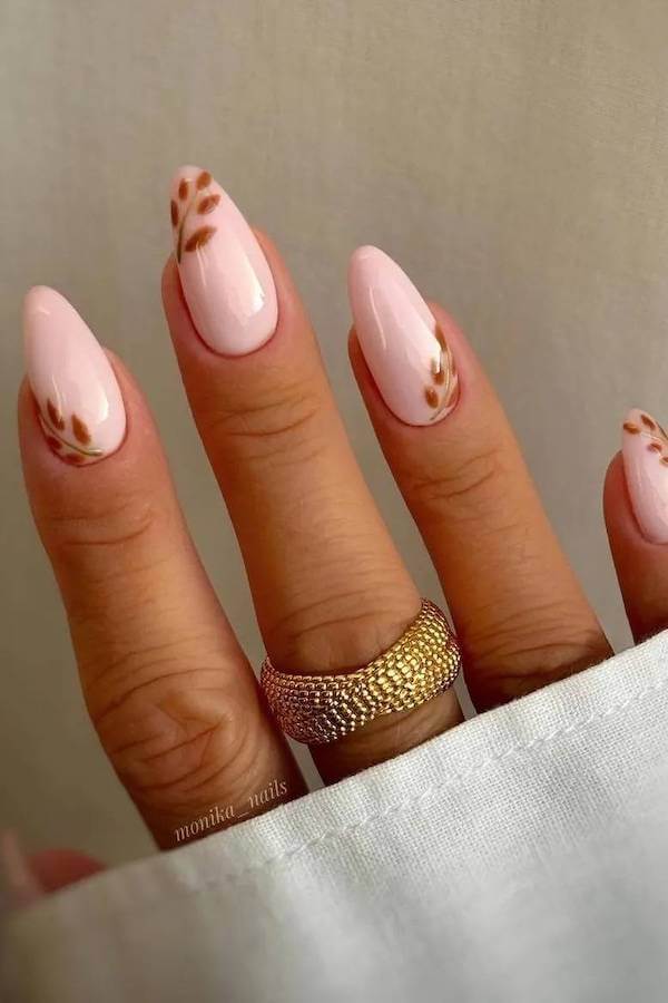 Blush Pink Nails with Subtle Leaf Accents