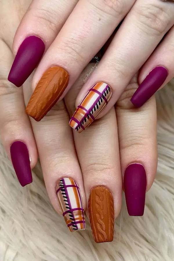 Matte Pink and Orange Plaid Nails