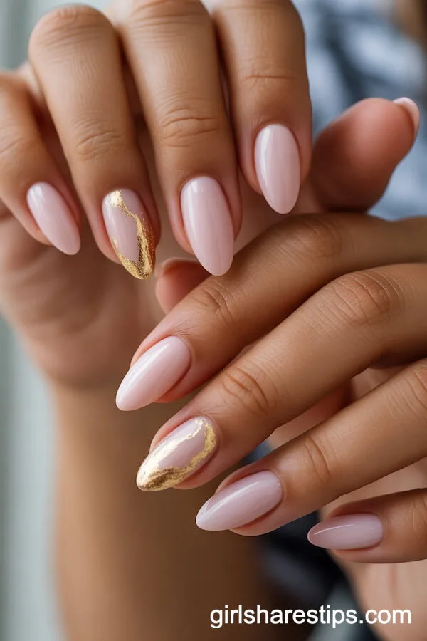 Classic Pink Almond Nails with Gold Foil Accents