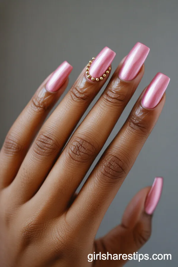 Metallic Bubblegum Pink Square Nails with Gold Studs