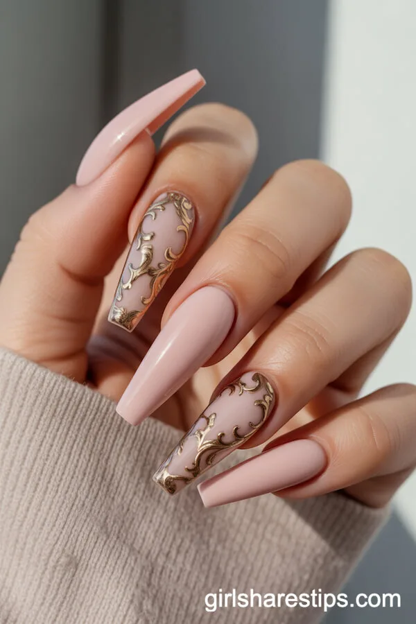Long Coffin Nails in Blush Pink with Ornate Gold Baroque Accents