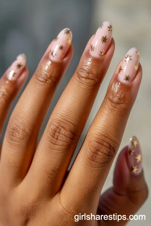 Nude Pink Round Nails with Tiny Gold Star Decals