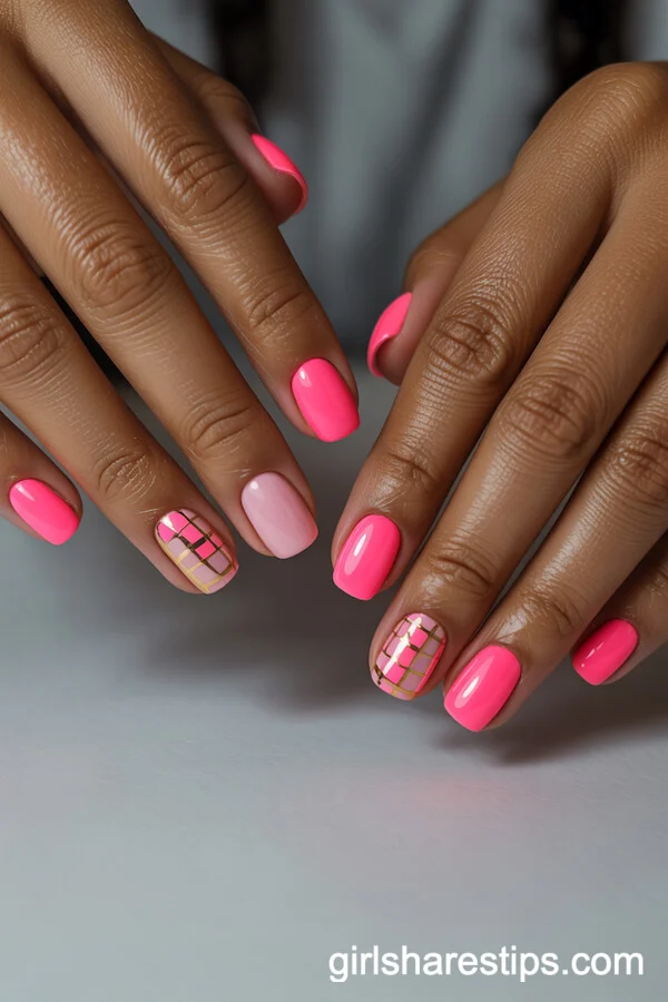 Hot Pink Square Nails with Pink and Gold Checkerboard Accent