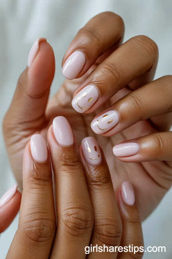 Pastel Pink Squoval Nails with Tiny Gold Smiley Faces