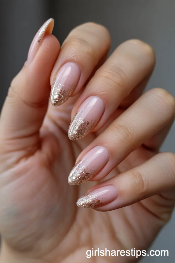 Almond Nails with Pink to Gold Glitter Gradient