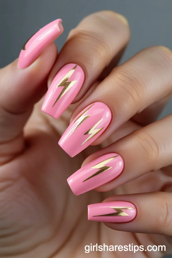 Medium Coffin Bubblegum Pink Nails with Gold Lightning Bolt Designs