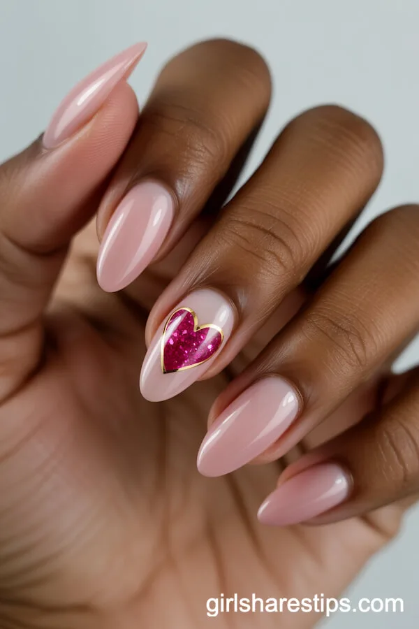 Translucent Pink Almond Nails with a Gold-Outlined Pink Heart Accent