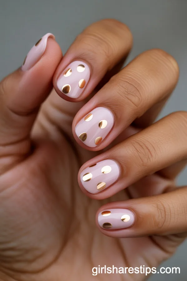 Pastel Pink Round Nails with Scattered Gold Polka Dots