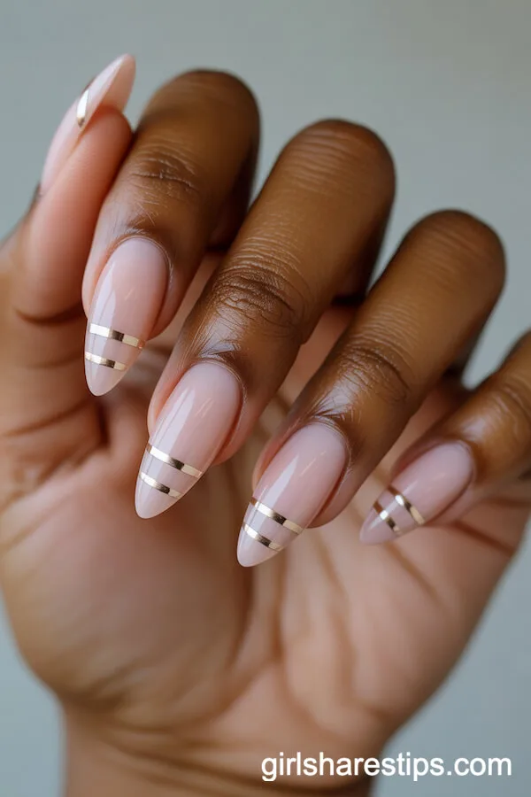 Blush Pink Ombre Stiletto Nails with Thin Gold Stripes