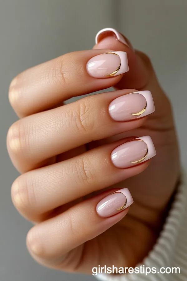 Soft Pink Rounded Nails with Gold Crescent Moon French Tips