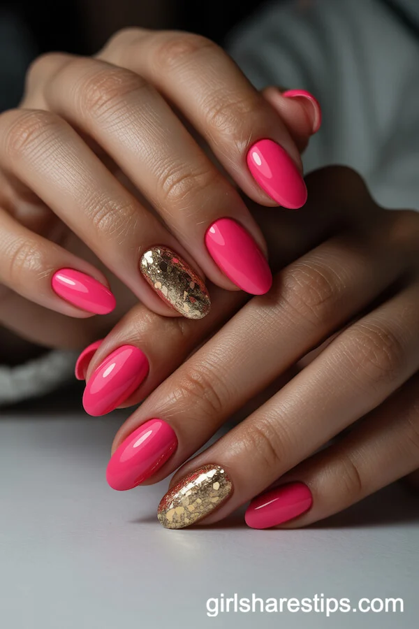 Hot Pink Oval Nails with Chunky Gold Glitter Accents