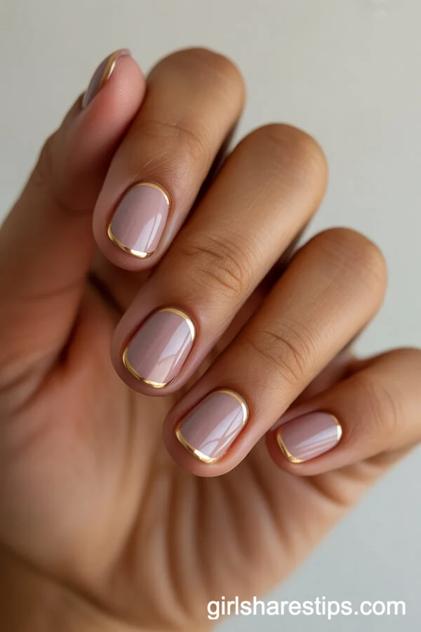 Matte Dusty Pink Short Round Nails with Thin Gold Borders