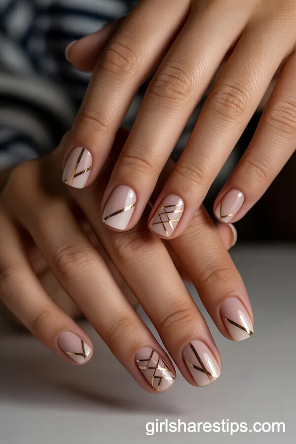 Geometric Pink and Gold Nail Designs on Mixed Shapes