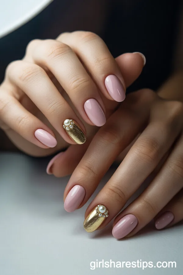 Soft Pink Oval Nails with Gold Foil and Pearl Embellishments