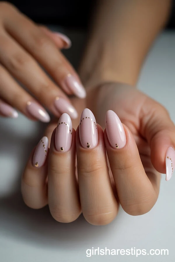 Milky Pink Almond Nails with Delicate Gold Dot Accents