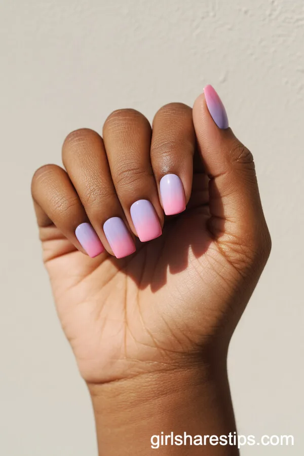 Pastel Pink to Purple Ombr&eacute; Square Nails