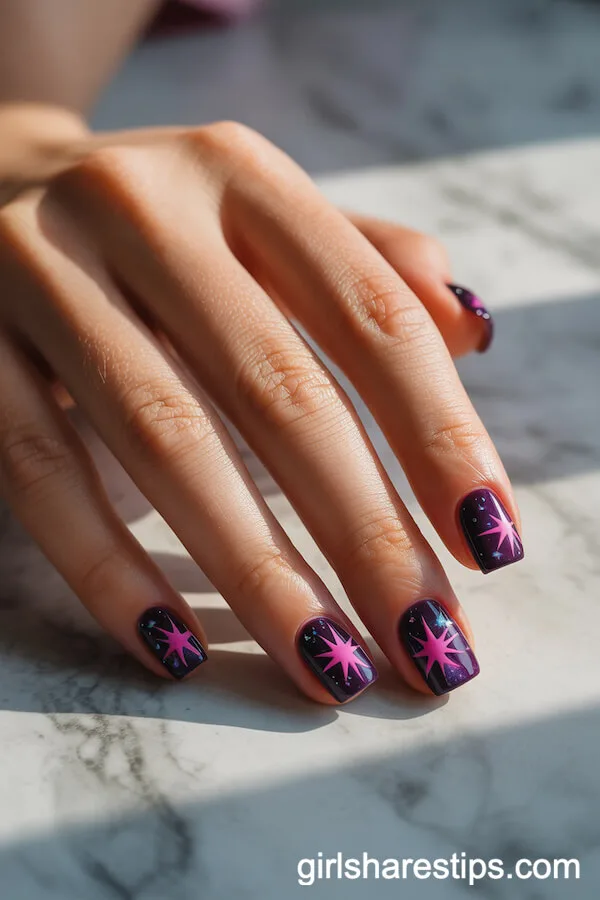 Dark Purple Galaxy Nails with Bright Pink Star Accents