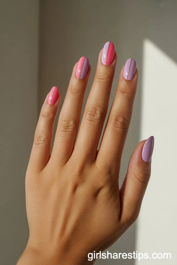 Half-and-Half Pink and Lilac Nails with Gold Line Accent
