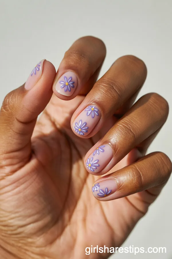 Pale Pink Round Nails with Purple Daisy Motifs