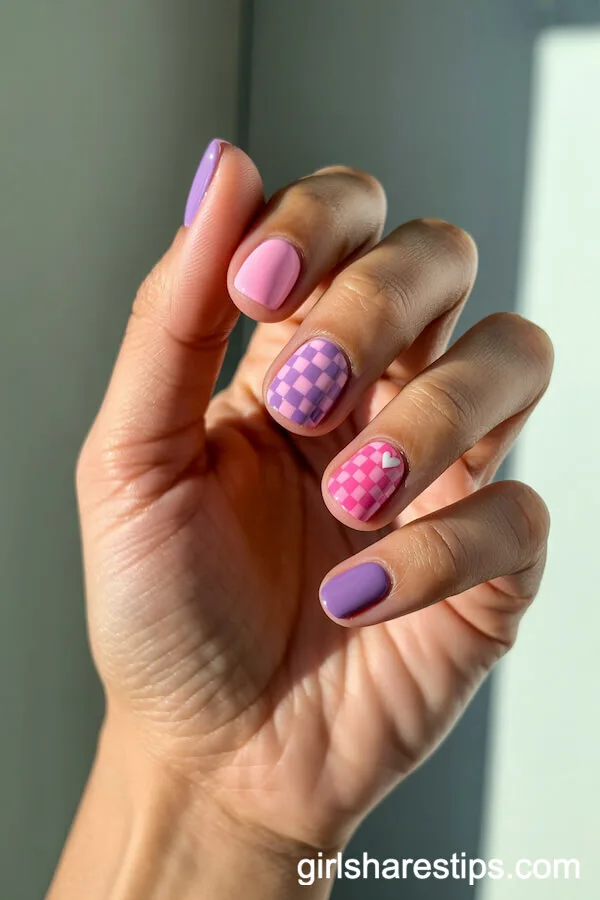 Pink and Purple Checkerboard Nails with White Heart Detail