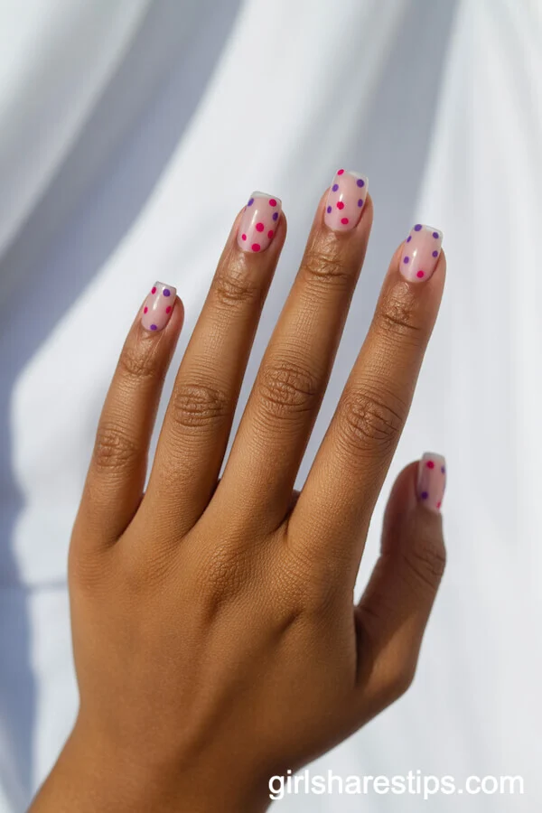 Sheer Nude Square Nails with Pink and Purple Confetti Dots