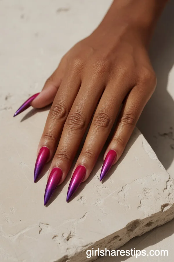 Magenta to Metallic Purple Gradient Stiletto Nails