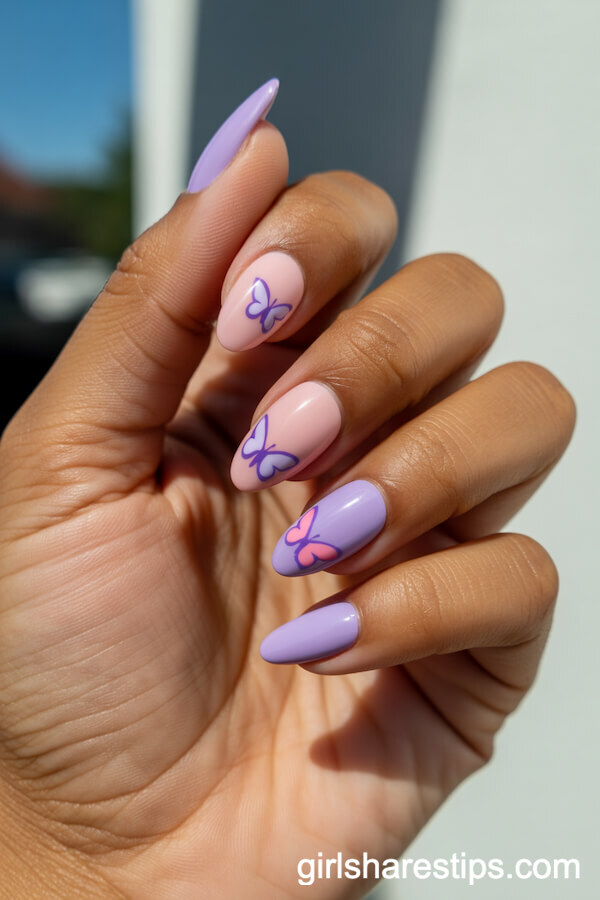Pastel Butterfly Accent Nails in Pink and Purple