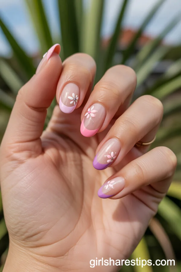 Pink and Purple Tipped Almond Nails with Delicate Flowers