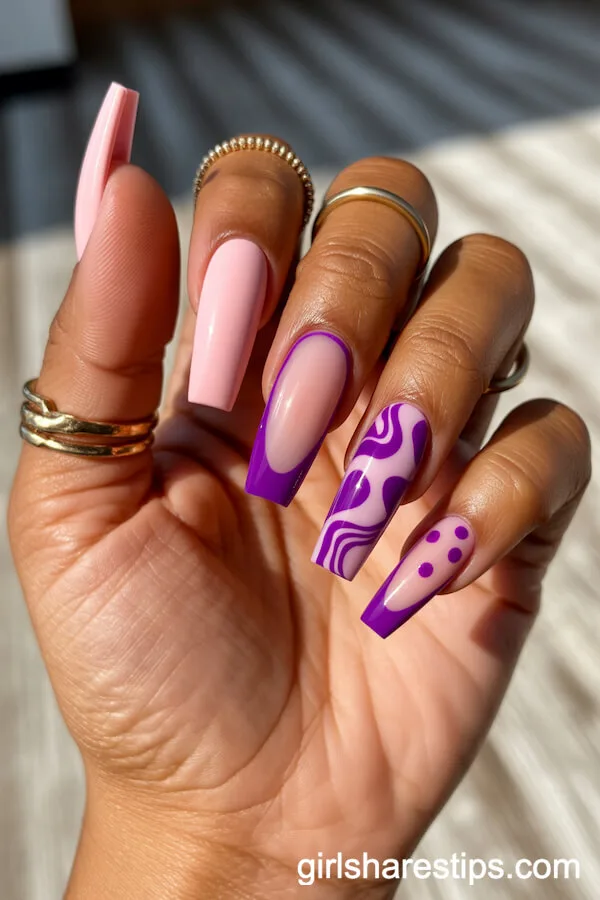 Trendy Pink and Purple Mix Coffin Nails with Retro Details