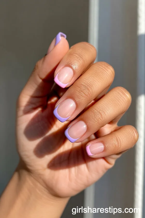 French Tips Split Pink and Purple on Short Square Nails