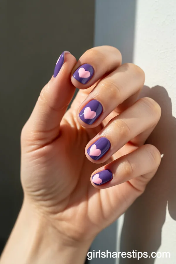 Violet Purple Round Nails with Pastel Pink Heart Accents