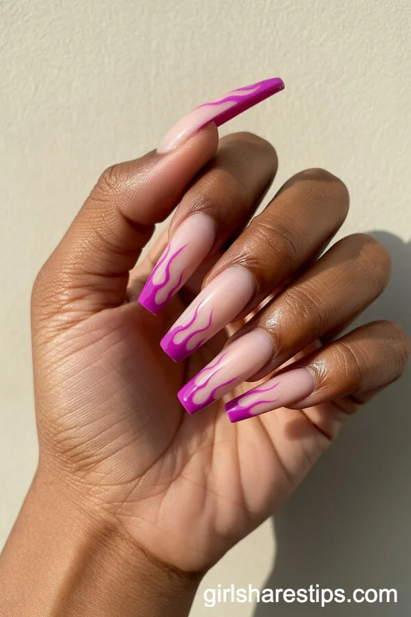 Pale Pink Coffin Nails with Hot Purple Flame Tips