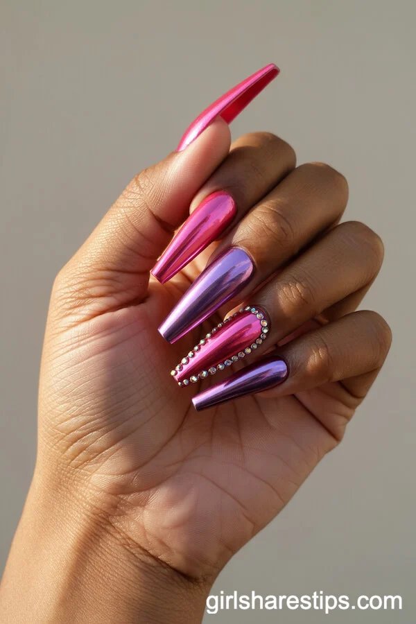Bold Pink and Purple Chrome Coffin Nails with Rhinestones
