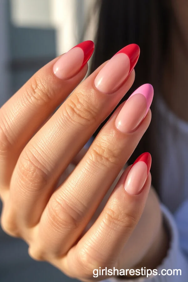 Split Pink and Red French Tips on Almond-Shaped Nails