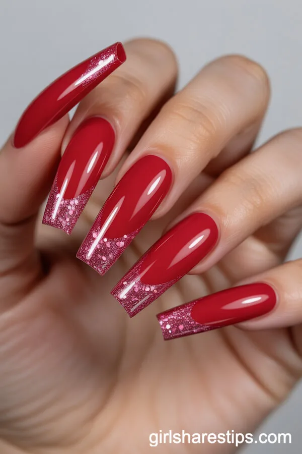 Red Coffin Nails with Sparkling Pink Glitter Tips