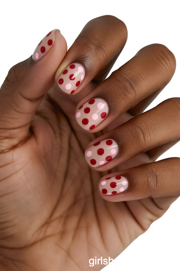 Nude Short Nails with Red and Pink Polka Dots