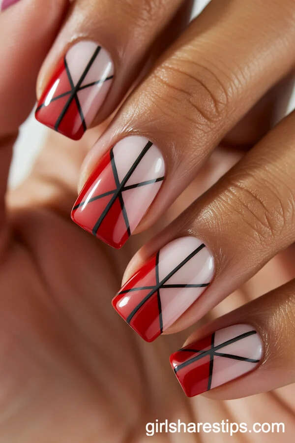 Geometric Pink and Red Diagonal Blocks on Square Nails