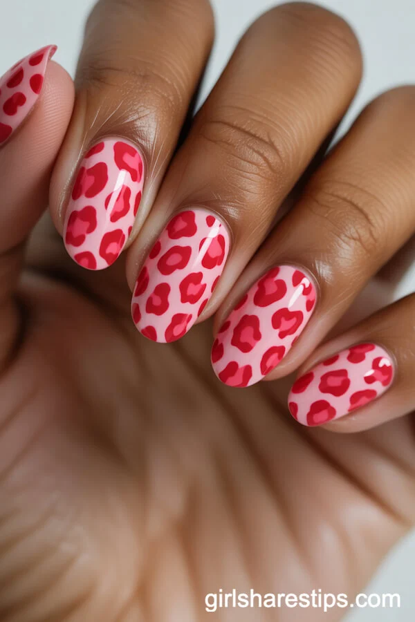 Bright Pink Oval Nails with Red Leopard Print