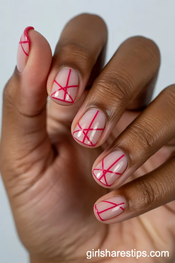 Nude Short Square Nails with Pink and Red Crisscross Lines