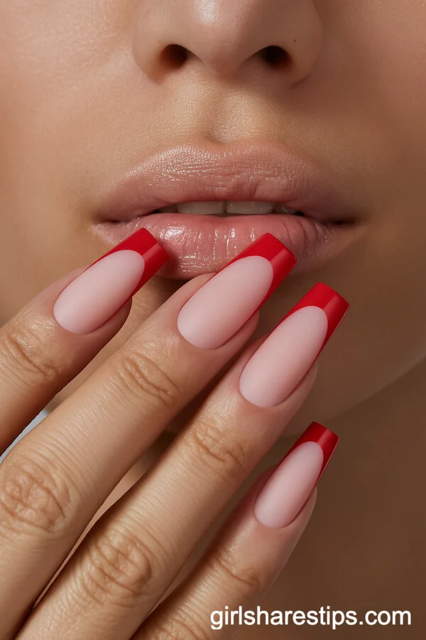 Matte Pink Coffin Nails with Glossy Red Tips