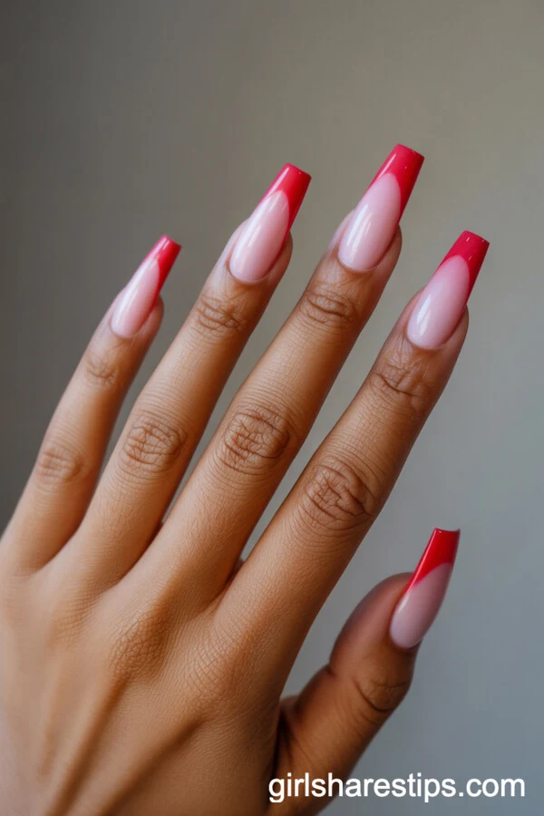 Pink-to-Red Ombre Coffin Nails